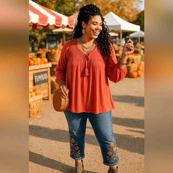 Pumpkin Spice 3XL Smocked Peasant Tunic Boho Chic Cottagecore Babydoll New - Picture 1 of 8